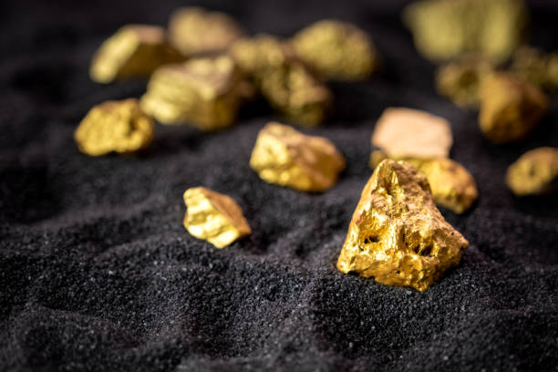 Pure gold from the mine that was unearthed was placed on the black sand. Pure gold from the mine that was unearthed was placed on the black sand.